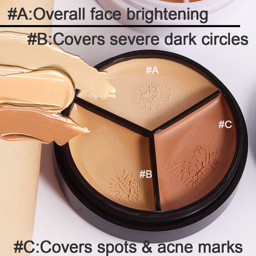 2pcs Tri-color Face Concealer Contour Palette With Brush for Light Medium Skin. Correct Cream Foundation Palet for Under Eye Dark Circles Eyelid Tattoo. Ivory Cream Makeup Plate corrector de ojeras