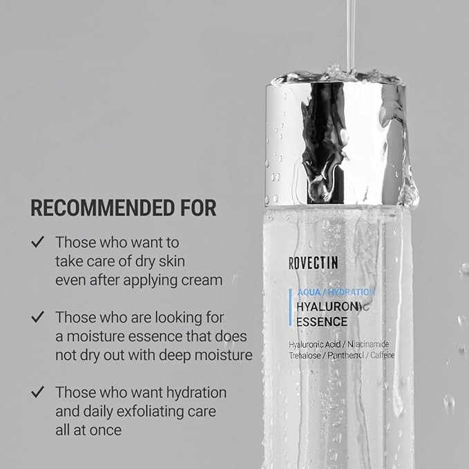 ROVECTIN Aqua Hyaluronic Essence (Activating Treatment Lotion) - 7 Layers Hyaluronic Acid Facial Toner with Niacinamide & Panthenol, Vegan Korean Skin Care (6.08 fl.oz)