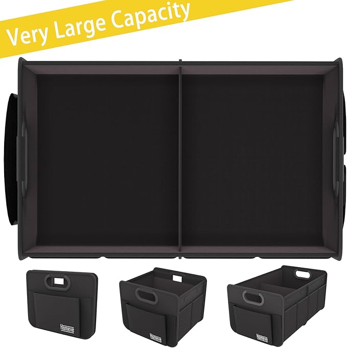 Homeve Trunk Organizer, Car Storage, Reinforced Handles, Collapsible Multi-Compartment, Foldable, Waterproof, Sturdy, 600D Oxford Polyester For Car, SUV, Mini-Van, Black, 2 Compart-Small