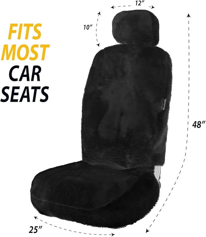 ZONETECH Sheepskin Seat Covers Fuzzy Car Seat Covers Black Australian Merino Wool Fluffy Fur Auto Accessories All Season Protection for Your Seats Universal Fits Most Car SUV Airbag Compatible 2-Pack