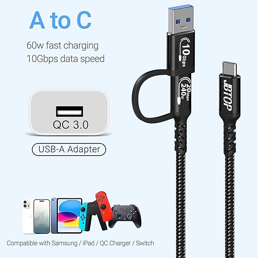 USB A to C Android Auto Cable 3.3ft [2Pack],2-in-1 USB C 3.1 Fast Charging & 20Gbps Data Transfer USB CarPlay Cable, Compatible with iPhone 16 15 Pro Max, Galaxy S23, Pixel 9 Pro