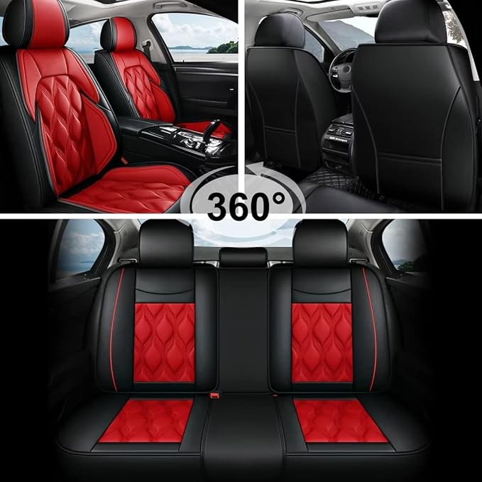 AOMSAZTO Car Seat Covers Full Set Fit for Juke 2011-2017 Waterproof Faux Leather Car Seat Cushions Automotive 5 Seat Covers Set（Black&Red）