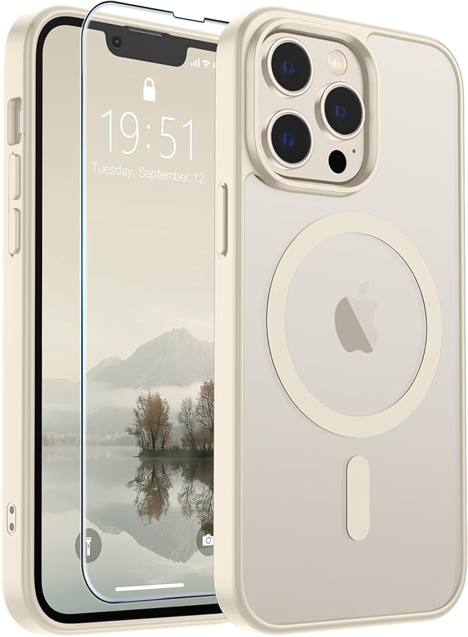 SUPFINE Magnetic for iPhone 13 Pro Max Case with Screen Protector (Compatible with MagSafe) (Military Grade Drop Protection) Translucent Matte with Anti-Fingerprint Phone Case,Antique White