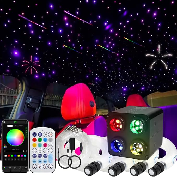AZIMOM 4Colors 2 in 1 Meteor Twinkle Fiber Optic Starlight Headliner Kits 2000pcs 0.03in 13.1ft Fiber Strands,RGB Meteor Shooting Star 240pcs, Sound Remote APP Control Home Ceiling Car Headliner Decor
