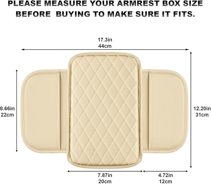 Upgraded Car Center Console Cover Fit for Camry Faux Leather Car Armrest Cover Cushion with 2 Storage Bags,Car Armrest Storage Box Interior Accessories(Beige&Whiteline)