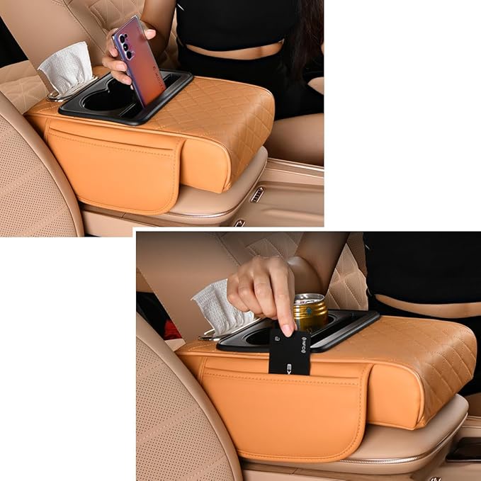 Car Armrest Cushion,5-in-1 Center Console Cover with 2 Storage Bags Cup Holder, Tissue Box Slot, Phone Slot for Sedans, Car Accessories Interior Organizers (Gey)
