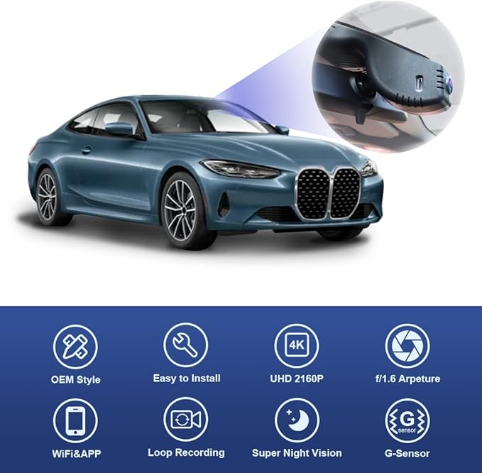 Fitcamx 4K Dash Cam Suitable for BMW 3 4 Series 330i 330e M340i 430i M440i M3 M4 2020-2024 (Model C), OEM Style, 2160P UHD Video, Loop Recording, Built-in WiFi & APP, G-Sensor, Easy to Use, 64GB Card