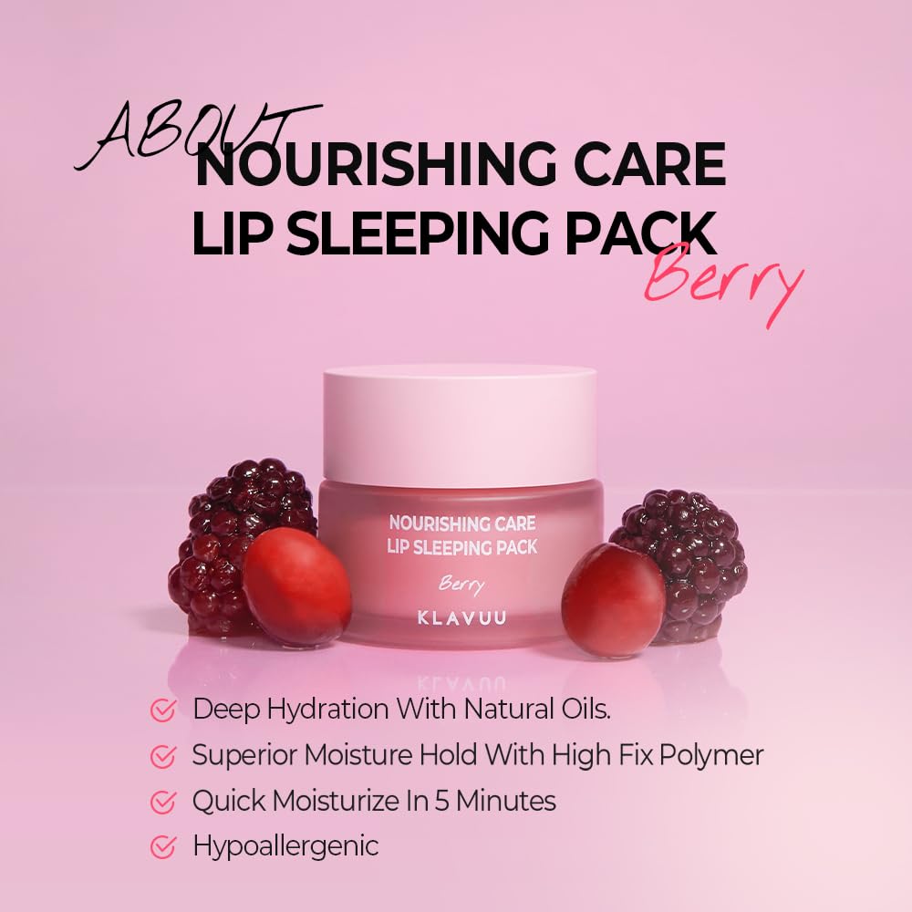 Klavuu Lip Mask Set (2PCS) – Overnight Deep Hydrating Korean Lip Balm Treatment for Very Dry, Chapped Lips | Lip Lightening & Plumping with Instant Hydration | Gentle Exfoliating (Berry & Berry)