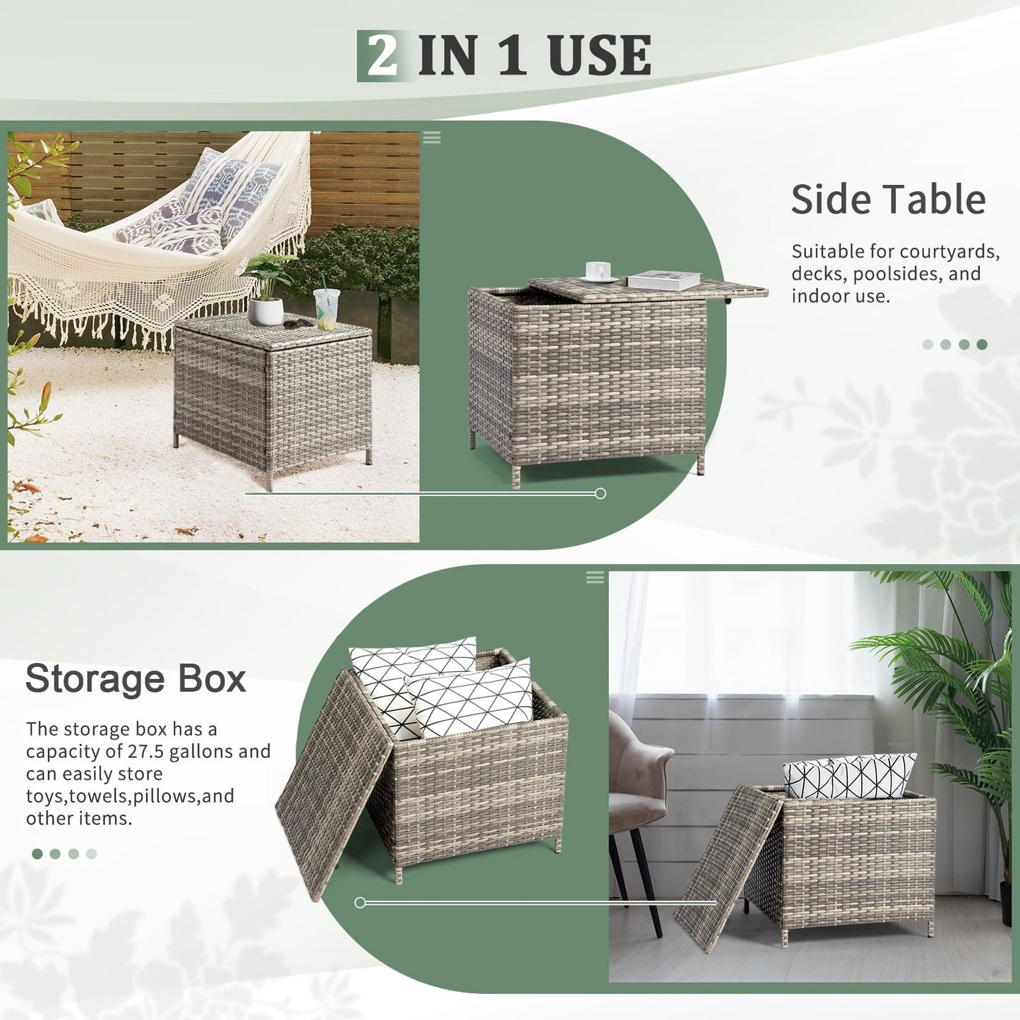 BAYUELSWU Outdoor Side Table with Storage, 27 Gallon Wicker Outdoor Side Table, Rattan Coffee Table All-Weather for Patio, Porch, Lawn (Grey)