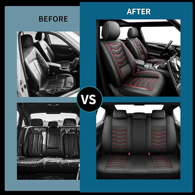 Fit Kicks Car Seat Covers Premium Leather Compatible with Nissan Kicks 2018 2019-2026 (5 Seats Full Set Waterproof Breathable All-Weather Seat Cushion Protector（5 Seats Red Line Black)