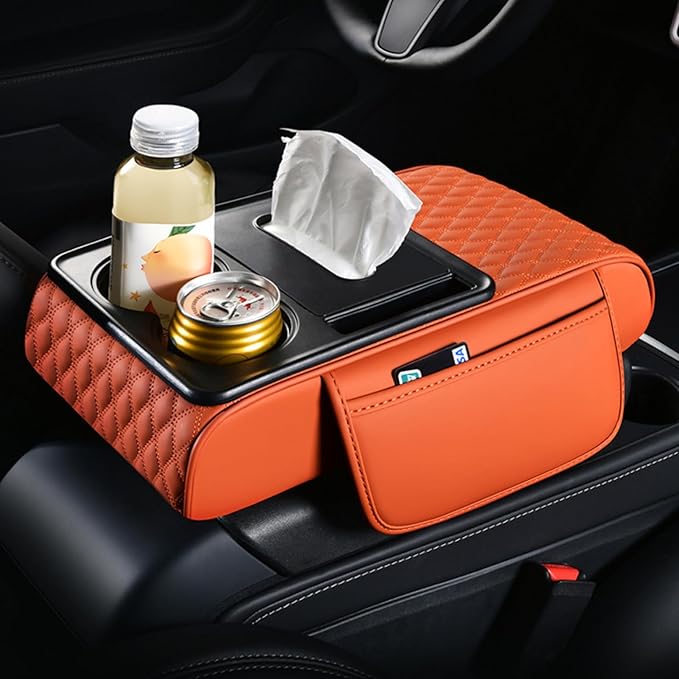 Car Center Console Armrest Pad, Arm Rest Box Cushion with Ergonomic Height Boost, Storage Pockets, Built-in Tissue Box, Cupholder, Fit for Most Sedan Vehicles (Embroidery Water Ripple, Burgundy)