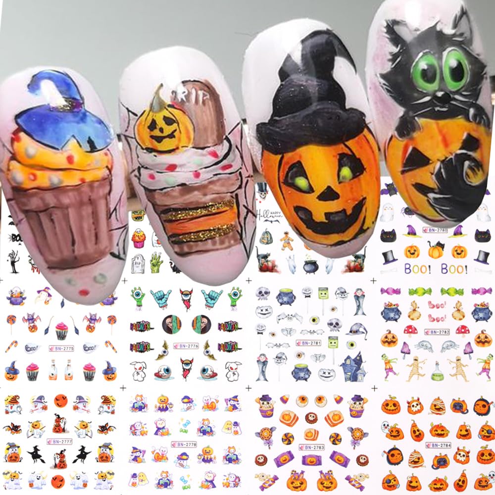 Halloween Nail Art Stickers - Spooky Ghost Pumpkin Water Transfer Foils Decals - Cartoon Witch Bat Spider Skeleton Designer Accessories for Nail Art - 12 Sheets