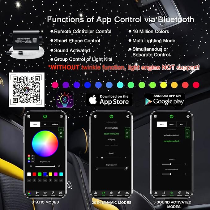 AKEPO 16W Starlights Headliner Kit Fiber Optic Star Lights Kit, Mixed Dia. 295pcs(0.75+1+1.5mm) 9.8ft/3m Optical Fiber Strands APP/Remote Control Music Activate Car Home Use Optical Fiber Light Kits