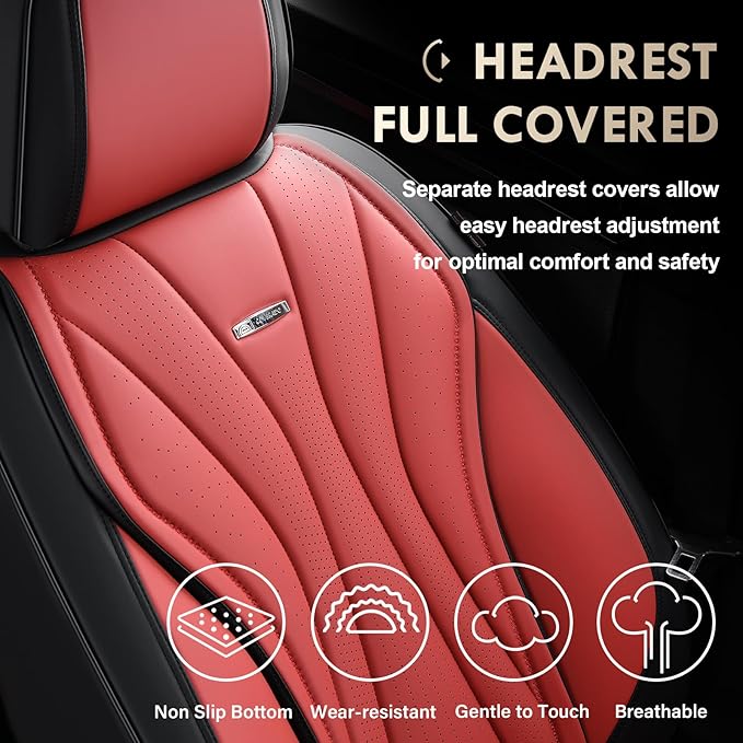 Coverado Car Seat Covers Full Set, Premium Leather Seat Cover for Cars, Front and Back Car Seat Protector, Waterproof Car Seat Cushion Universal Fit for Most Vehicles(Black&Red)