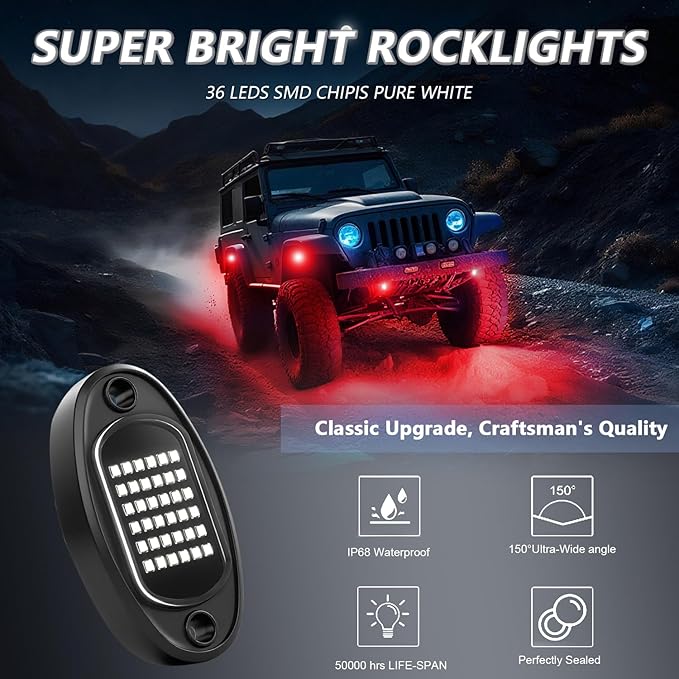 GSRECY Rock Lights Ultra Bright LED Neon Underglow Lights Waterproof for Trucks Pickup SUV UTV ATV RZR Car Boats Motorcycle (Red, 4 Pods)