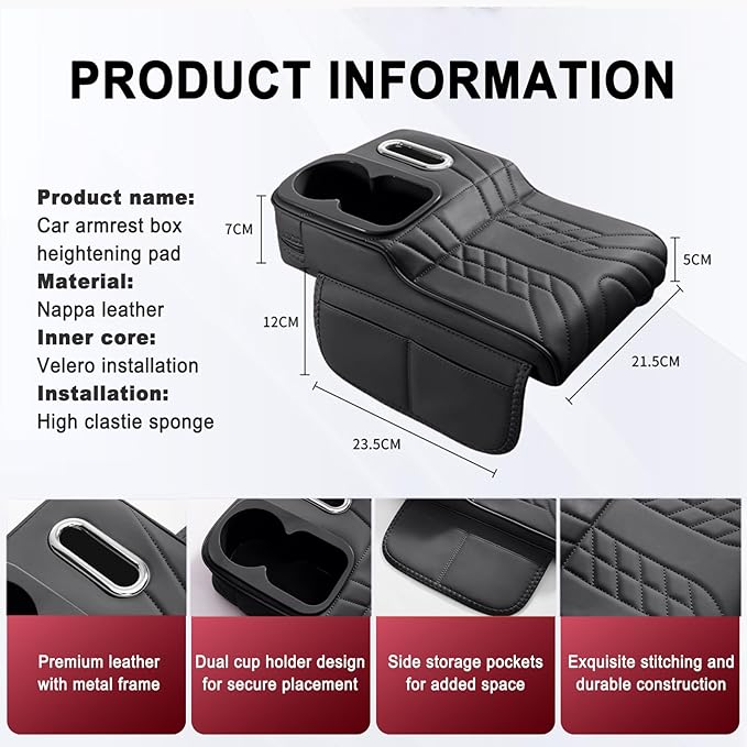 Car Armrest Storage Box for Infiniti QX60 2013–2025 2020 2021 2022 2023 2024, Sport-Style Center Console Organizer with Side Pocket, PU Leather Armrest Cushion, Elbow Support Pad,A Black
