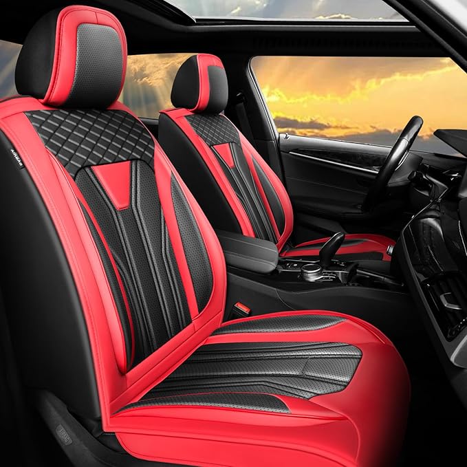 Fit Sonata Car Seat Covers Premium Leather for Hyundai Sonata 2007-2025 2026. Waterproof， Breathable, Scratch-Resistant & All-Weather Seat Cushion Protector（Full Set,Red&Black