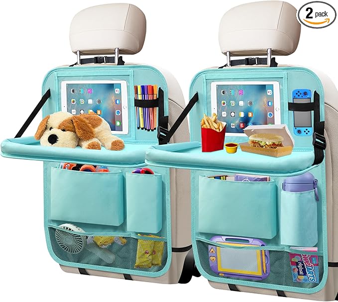 Backseat Car Organizer with Tablet Holder, 6 Storage Pockets Car Storage Organizer with Foldable Food Tray, Kick Mats Travel Accessories, 2 Pack BLue