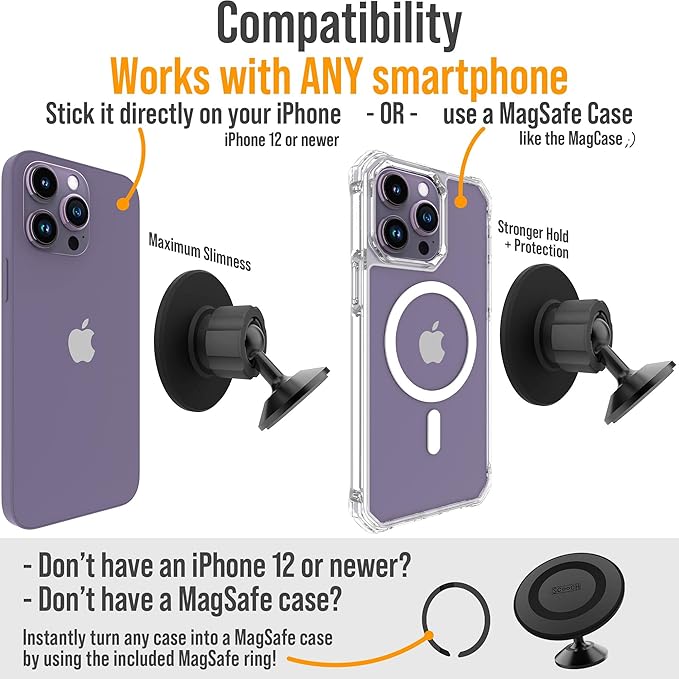 Scooch MagSafe Car Mount Compatible with Any Smartphone [MagMount] Compatible with MagSafe, Strong Magnets, Fully Adjustable Magnetic Car Mount, Sticks to Dashboard, Works Best MagCase