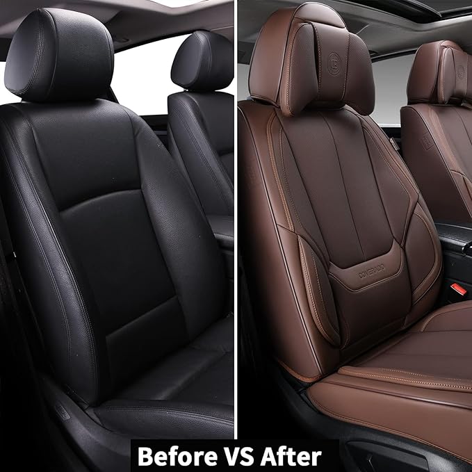 Coverado Universal Seat Covers Front, Universal Seat Covers for Cars, 2-Pack Waterproof Nappa Leather Car Seat Covers with Head Pillow, Auto Protectors Fit for Most Sedans SUV Pick-up Truck-Brown