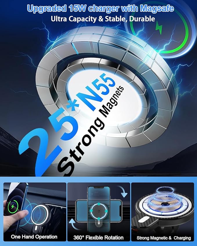 PZK Car Phone Mount for Toyota Tacoma 2016 2017 2018-2022 2023 Accessories Custom Air Vent Phone Holder Magnetic 15W Fast Wireless Charger Hands Free 360° Rotation Cell Phone Automobile Cradles