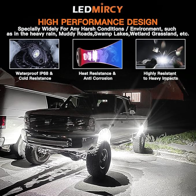 LEDMIRCY Pure White Rock Lights 6PCS R1 Super Bright LED Rock Light White for Off Road Truck Auto Car Boat RZR ATV SUV Waterproof High Power Neon Trail Rig Lights Shockproof(Pack of 6,White)