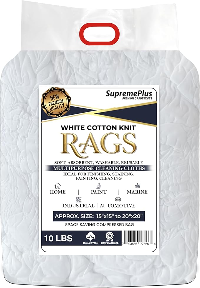 Premium New White Cotton Knit T-Shirt Rags (10 lbs. Bag of Rags) - Lint-Free, Soft & Absorbent Cleaning Cloths for Auto, Paint, Garage, Staining & Polishing