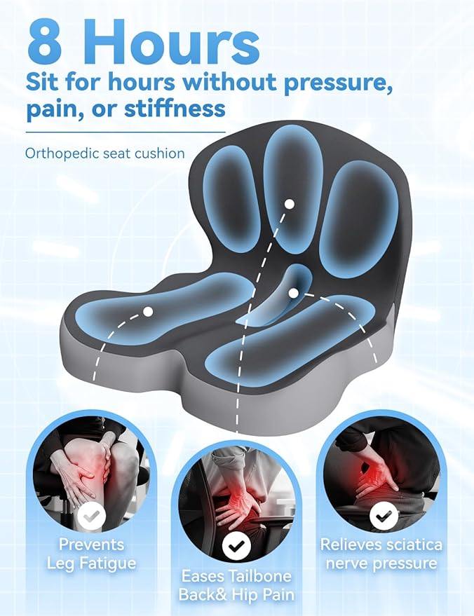 Orthopedic Cushion, Ergonomic Orthopedic Cushion for Tailbone Pain Relief, with Memory Foam, Car Seat Cushion with Waist Support, Non-Slip, Breathable, Washable Cover (Black)