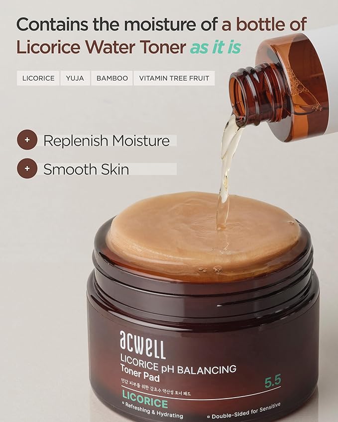 ACWELL Licorice pH Balancing Toner Pad - Vegan Cotton Pad, Double-sided Toner Pads for Blemish and Soothing Care - Korean Daily Skincare - Improves Uneven Skin Tone, 70pads, Transparent