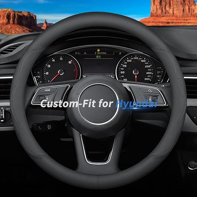 Custom-Fit Hyundai Steering Wheel Cover, Premium Leather, Non-Slip, Breathable, B-Style, For Hyundai Accessories