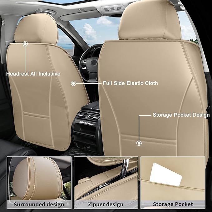 AOMSAZTO Car Seat Covers Fit for Ford Expedition 2011-2025 2026 Leather Car Seat Cover Seat Cushion Protector Airbag Compatible Waterproof 2 Front Seats Beige