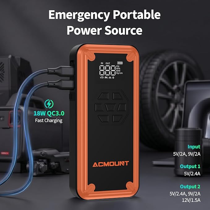 Jump Starter with Air Compressor, Acmount 5000A Car Battery Jump Starter with 150PSI Tire Inflator for Up to 9.0 Gas/8.0L Diesel, 12V Portable Jump Starter Box with LCD Display, Light (Orange&Black)