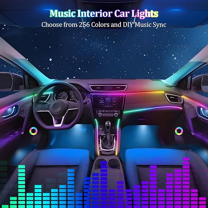 Acrylic Interior Car LED Strip Light with APP Remote Control, 116in 4 in 1 USB RGB Dreamcolor Neon Flexible Strip Fiber Optic LED Ambient Lighting Kits,RGB Music Lights Sync for Inside car Decorations