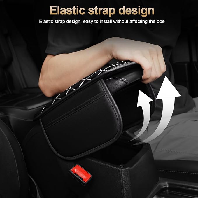 Bling Center Console Cover with 2 Side Pockets Fit for bZ4X Multi-Functional Car Armrest Cushion Diamond-Studded Rhombus Pattern Style(Black&Silver Diamond)