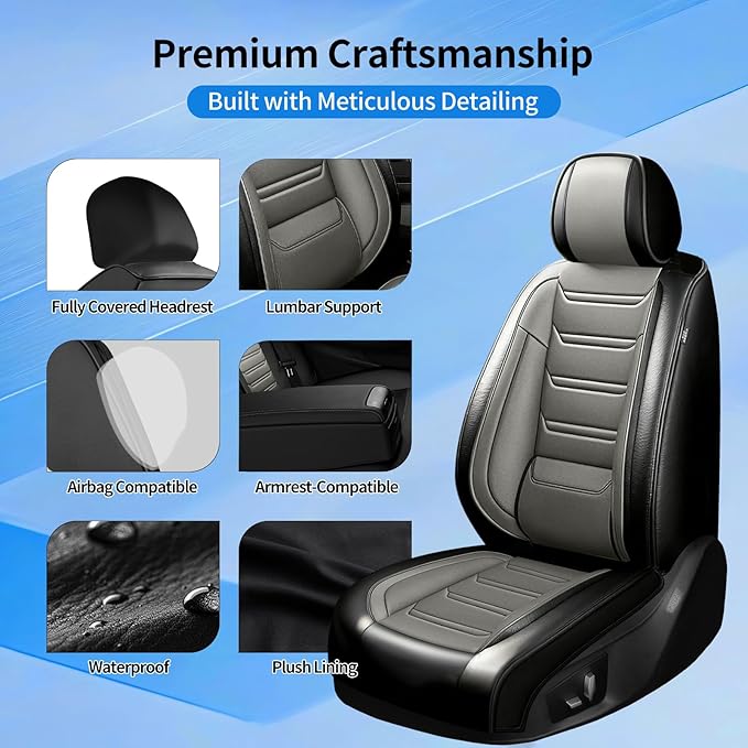 Fit Malibu Car Seat Covers for Chevrolet/Chevy Malibu 2009-2025, Full Coverage Leather, Airbag Compatible, Waterproof All Weather Breathable Seat Cushion Protector, Full Set, Black+Gray