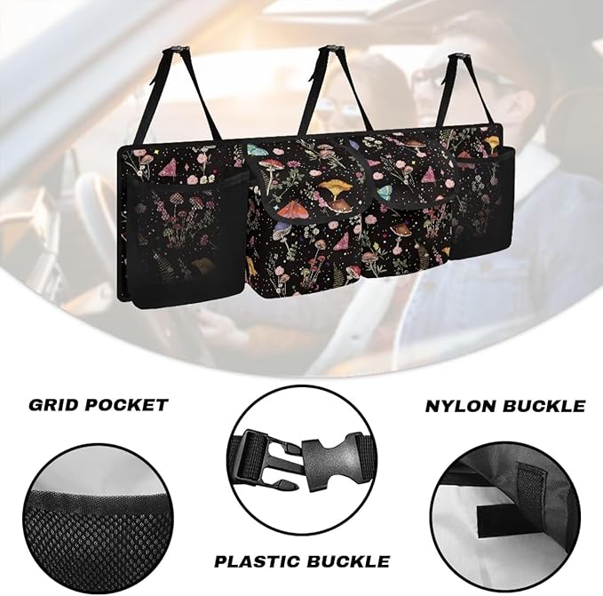 Mushroom Trunk Organizer for Car Women Oxford Cloth Back Seat Car Organizer Adjustable Car Back Seat Organizer with 4 Pockets, Space-Saving Car Organizers Storage Bag for SUV/MPV/Truck