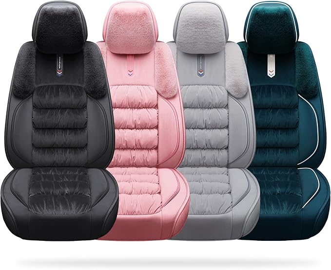 AOOG Fuzzy Car Seat Covers, Heated Bench Back Cushion Protector for Cars SUV Trucks(Front Pair,Black)