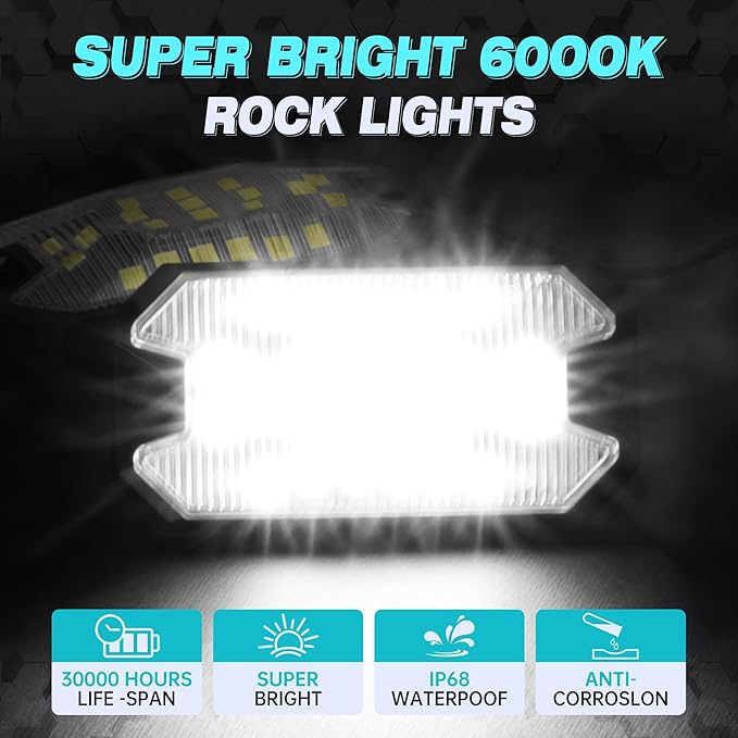 8 Pods Pure White Rock Lights, 6000K Pure White 27 LEDs Super Bright LED Underglow Neon Light, 10m Extension Wire, IP68 Waterproof for Trucks Pickup SUV UTV ATV RZR Car Boats
