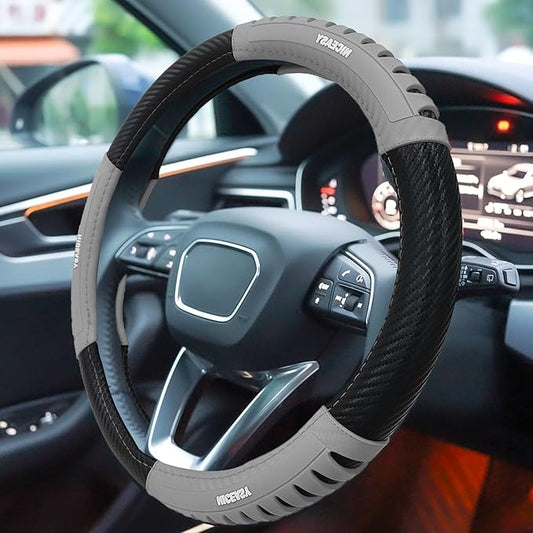 Sport Style Black Carbon-Fiber Steering Wheel Cover with Grey Grip Steering Wheel Accessory,Universal Fit 14.75-15 inch Steering Wheel