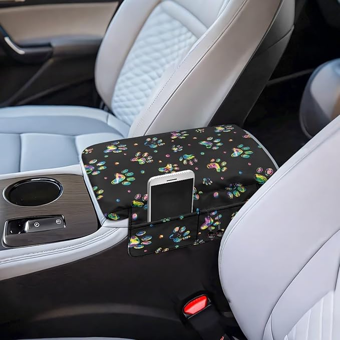 Dreaweet Tie Dye Dog Paw Center Console Cover Thick Car Armrest Cushion with Storage Bag Soft Comfortable Arm Rest for Car Center Console Universal Fit SUV Truck Sedan