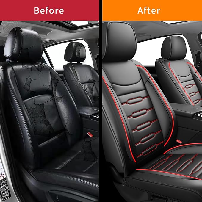 Fit Prius Car Seat Covers for Toyota Prius 2001-2024 2025 2026 - Upgraded Premium Waterproof & Breathable Leather, Airbag Compatible, All-Weather Seat Cushion Protector (2 Front/Black+Red)