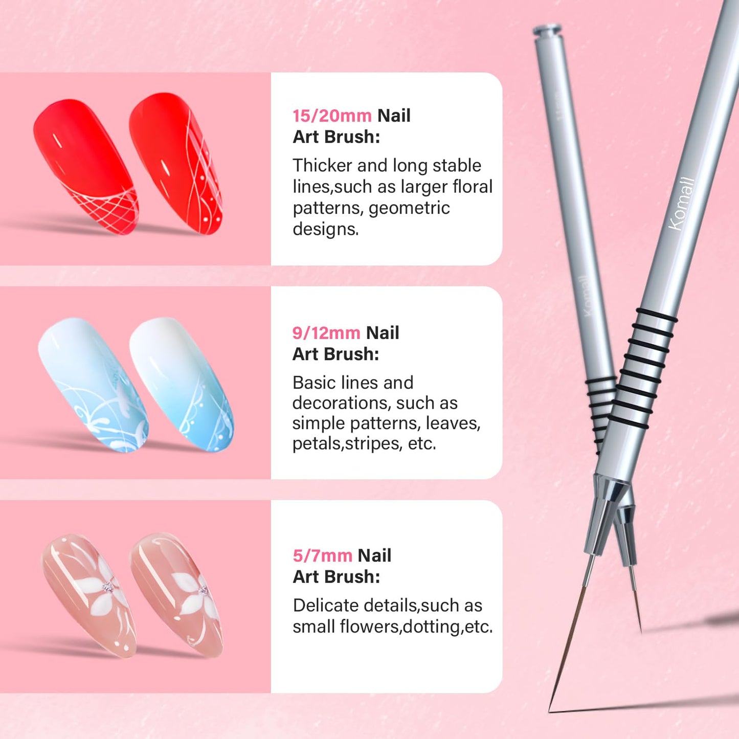 Metallic Nail Art Brushes, 6Pcs Non Slip Liner Brush Set, UV Gel Polish Painting Art Design Pen for Long Lines, Thin Details, Fine Drawing Sizes 5/7/9/11/20/25mm(Silver)