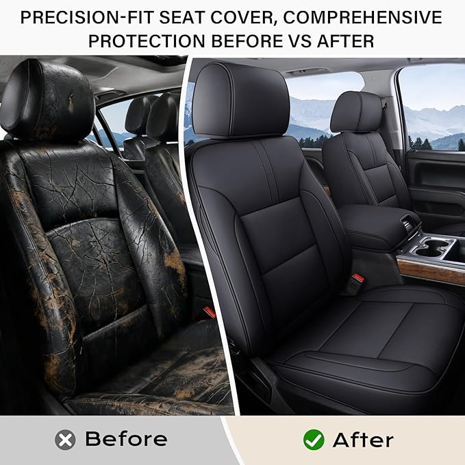 Coverado Chevy Silverado Seat Covers, Faux Leather Seat Covers Fit for Chevy Silverado GMC Sierra 2007-2025 1500, 2015-2025 2500HD 3500HD Crew Double Extended Cab (Front, Black)