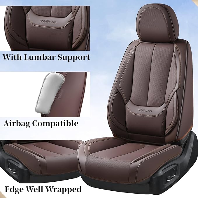 Coverado Seat Covers, Car Seat Covers Full Set, Leather Seat Covers for Cars, Car Seat Protector, Car Seat Covers Front Seats and Back Seats Universal Fit for Most Cars Brown
