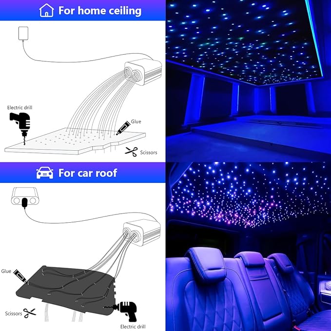 AMKI Dual Color 20W Twinkle Starlight Headliner Kit 1100pcs 0.03in 13.1ft Fiber Optic Star Ceiling Light Sound Activated Music Mode APP/Remote Control Dual Port Light Box for Car Home Roof Decor