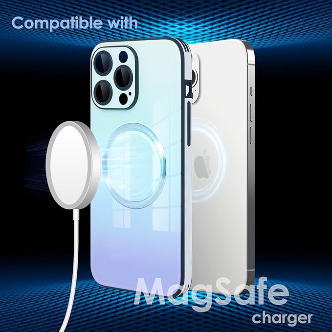 Guppy Compatible with iPhone 16 Pro Case Magnetic, with Full Camera Lens Protector [Compatible with MagSafe] Scratch Resistant Gradient Glass Back Cover Phone Case-Blue