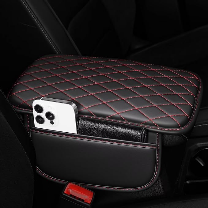 Upgraded Car Center Console Cover Fit for Tacoma Faux Leather Car Armrest Cover Cushion with 2 Storage Bags,Car Armrest Storage Box Interior Accessories(Black&Redline)