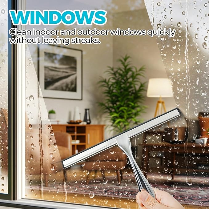 ALFLOD 2PACK All-Purpose Shower Squeegee for Shower Doors, Tile Shower Walls, Bathroom, Window, Glass and Car Windshield, Mirrors and Kitchen-Stainless Steel, 11.8-Inch Silver