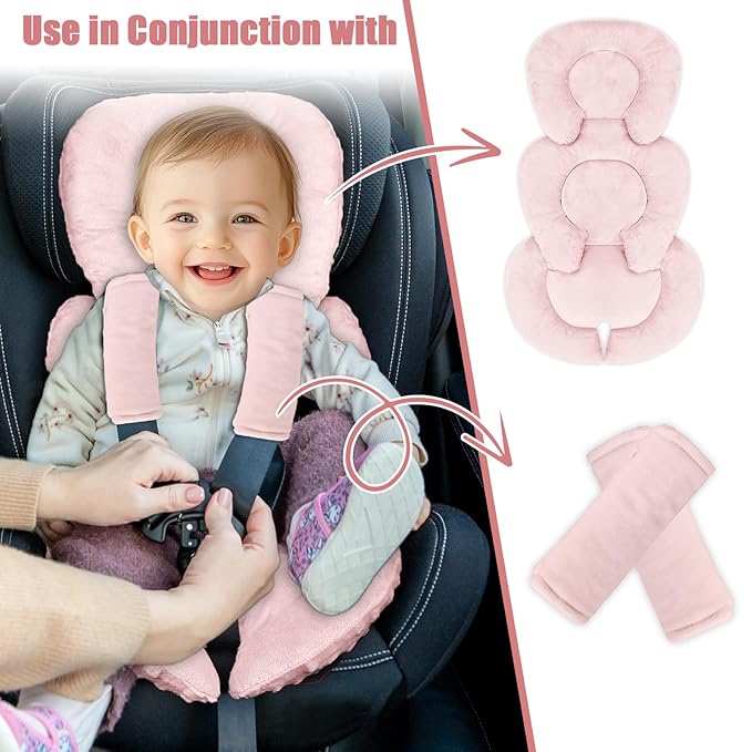 GFU Infant Car Seat Insert Head and Body Support, Reversible Newborn Insert for Carseat with Strap Pads, Soft Stroller Cushion Pillow Insert for Boys and Girls, Fits for Stroller, Swing, Pink