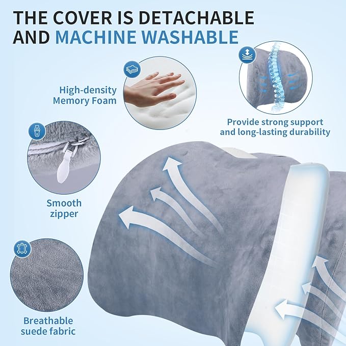 Lumbar Support Pillow for Car, Memory Foam Back Support Lumbar Pillow for Car, Gaming, Office Chair, Ergonomic for Lower Back Pain Relief, Comfortable and Soft Fabric, Crey